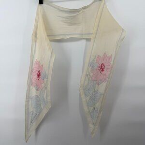 Vintage Cacharel Floral Silk Long Scarf Cream Pink Flower Print Lightweight